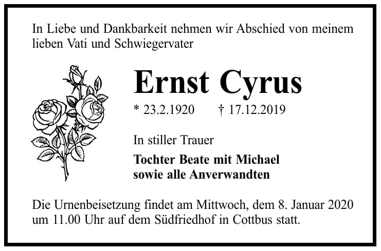 Traueranzeige Ernst Cyrus