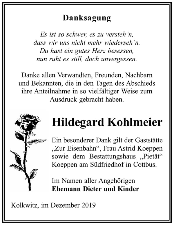 Danksagung Hildegard Kohlmeier