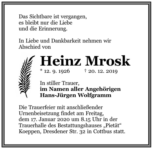 Traueranzeige Heinz Mrosk