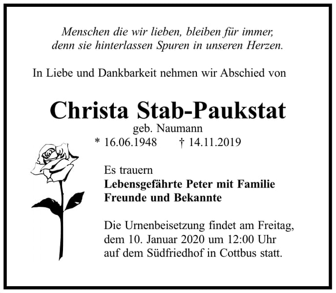 Traueranzeige Christa Stab-Paukstat, geb. Naumann