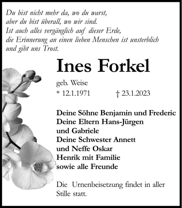 Traueranzeige Ines Forkel, geb. Weise