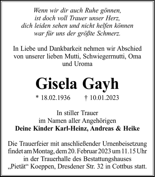 Traueranzeige Gisela Gayh