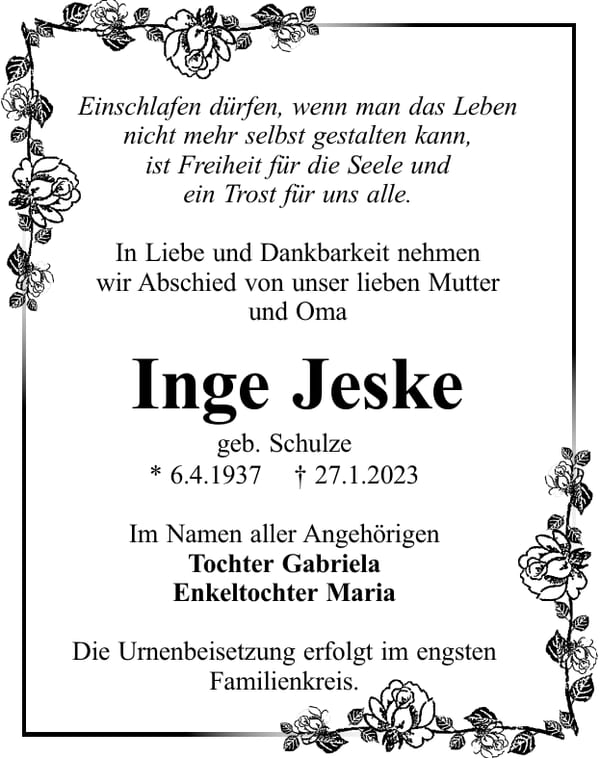 Traueranzeige Inge Jeske, geb. Schulze