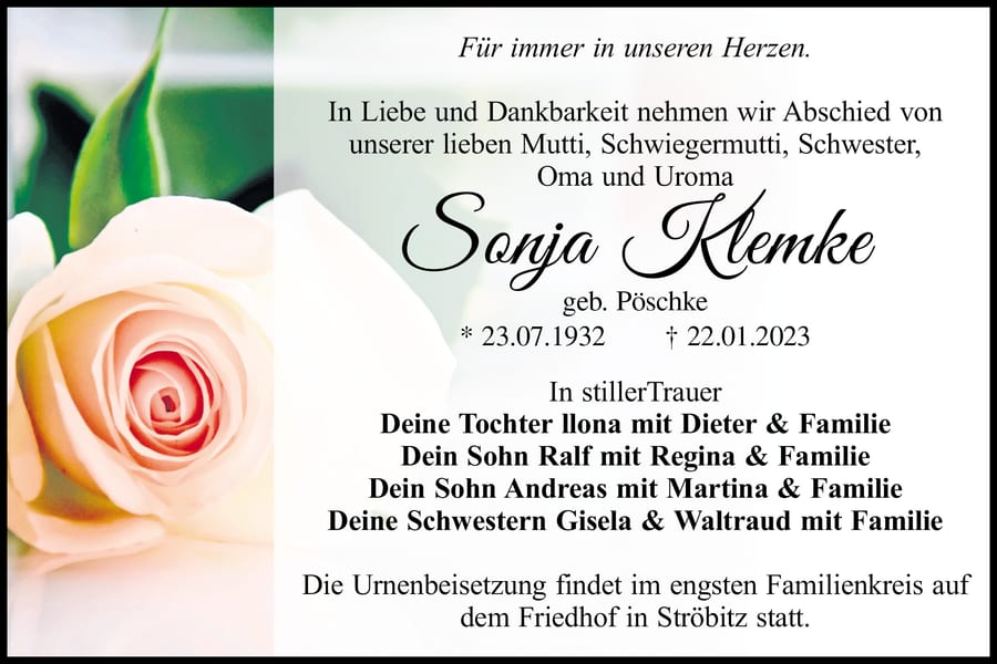 Traueranzeige Sonja Klemke, geb. Pöschke