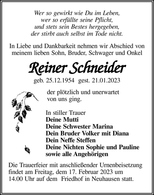 Traueranzeige Reiner Schneider