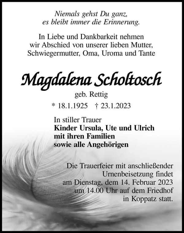 Traueranzeige Magdalena Scholtosch, geb. Rettig