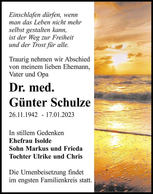 Traueranzeige Dr. med. Günter Schulze