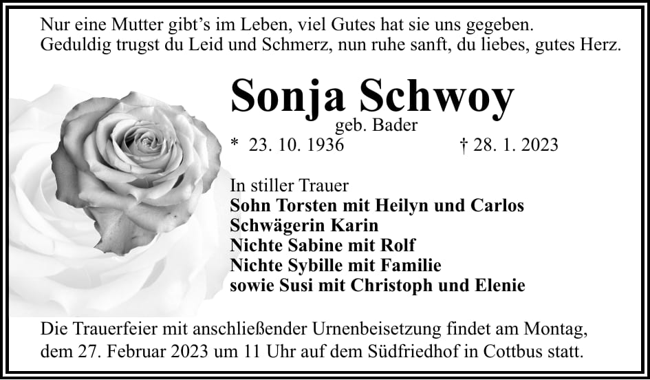 Traueranzeige Sonja Schwoy, geb. Bader
