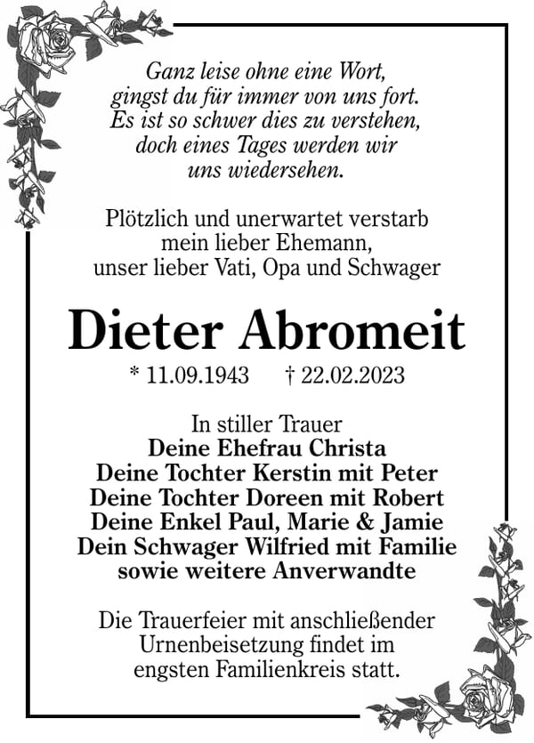 Traueranzeige Dieter Abromeit