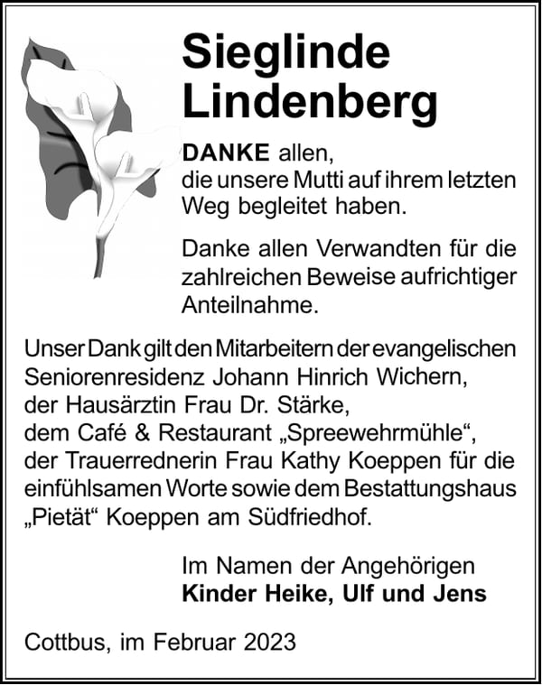 Danksagung Sieglinde Lindenberg