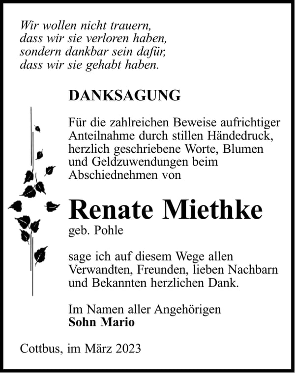 Danksagung Renate Miethke, geb. Pohle