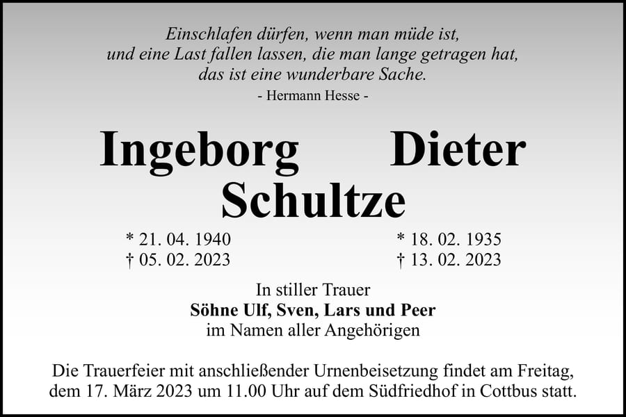 Traueranzeige Ingeborg und Dieter Schultze