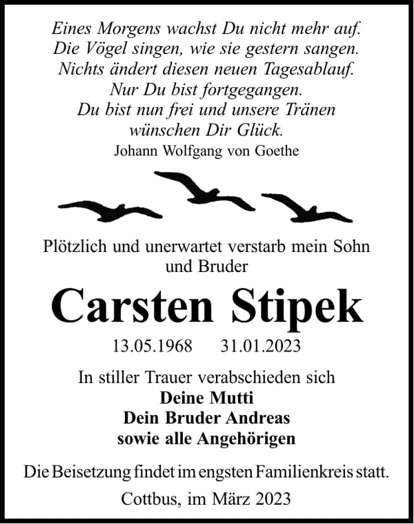 Traueranzeige Carsten Stipek