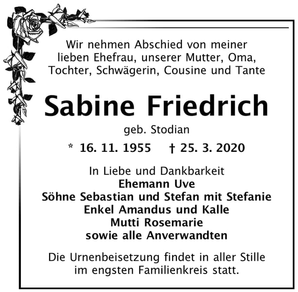 Traueranzeige Sabine Friedrich, geb. Stodian