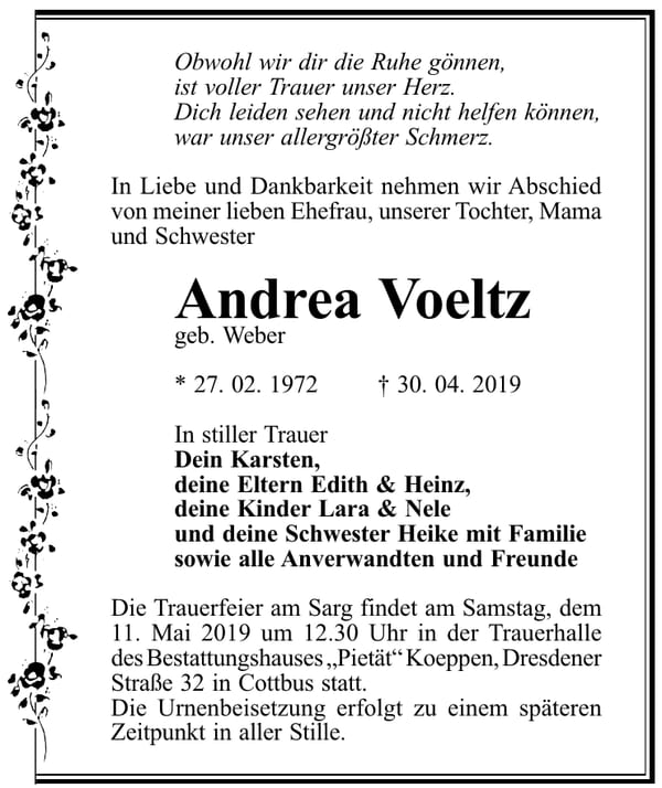 Traueranzeige Andrea Voeltz, geb. Weber