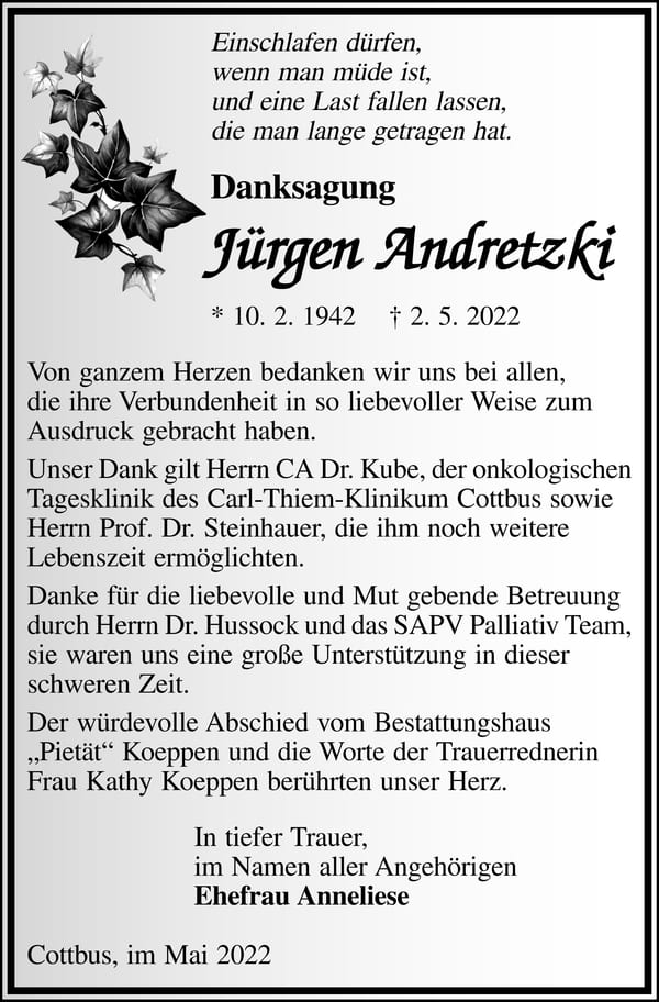 Danksagung Jürgen Andretzki