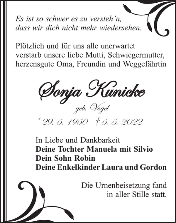 Traueranzeige Sonja Kunicke, geb. Vogel