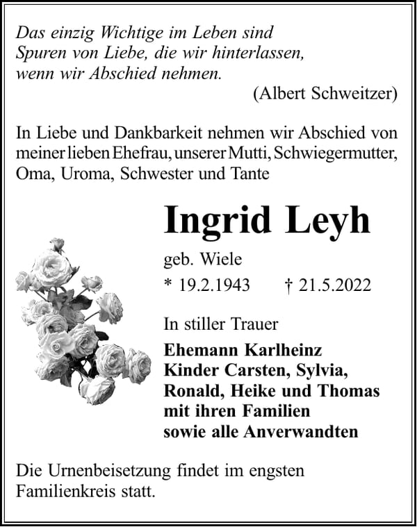 Traueranzeige Ingrid Leyh, geb. Wiele