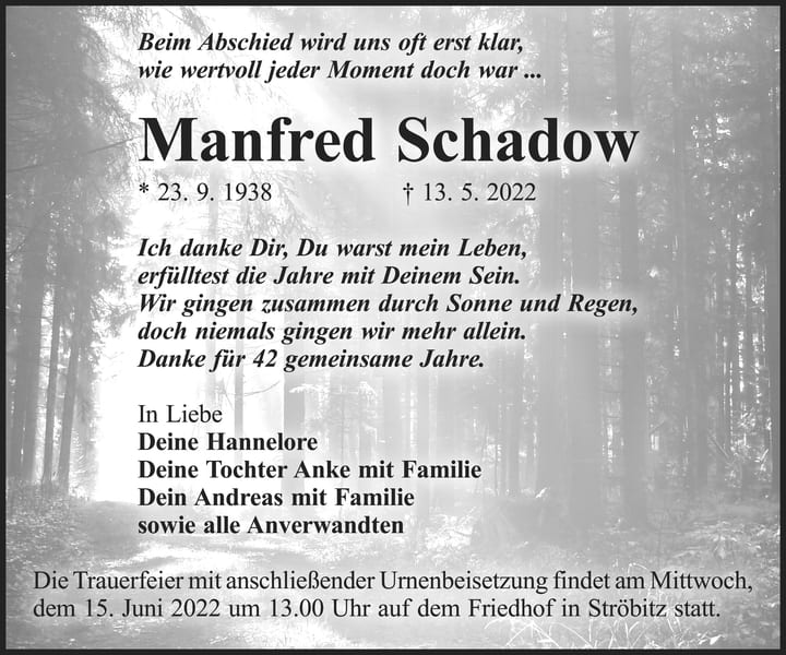 Traueranzeige Manfred Schadow