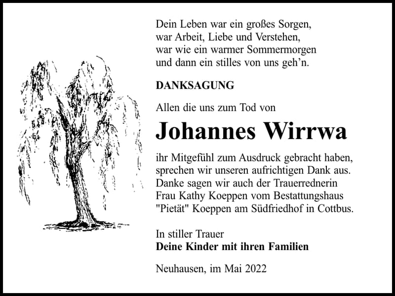 Danksagung Johannes Wirrwa