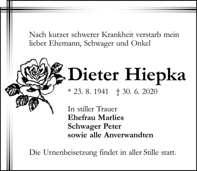 Traueranzeige Dieter Hiepka