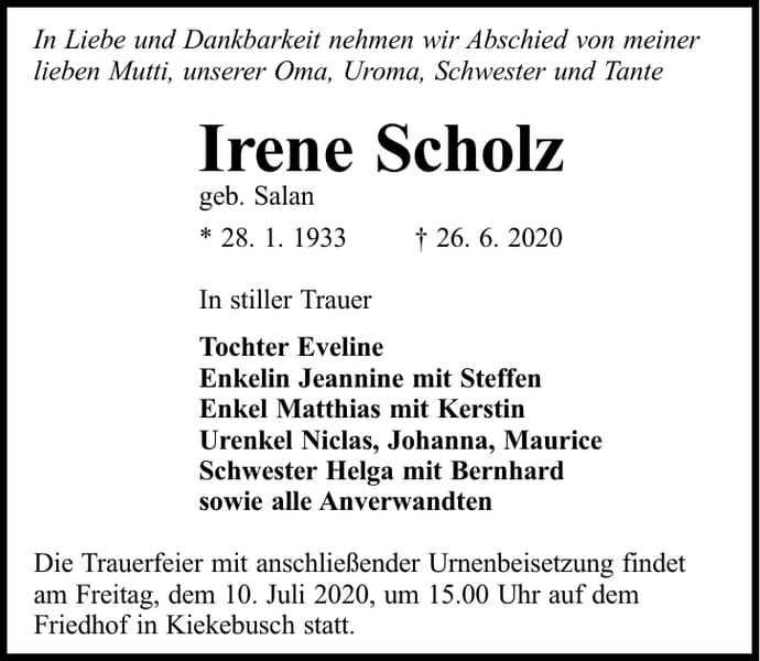Traueranzeige Irene Scholz, geb. Salan