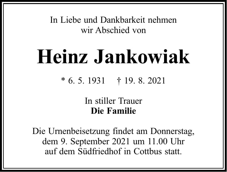 Traueranzeige Heinz Jankowiak