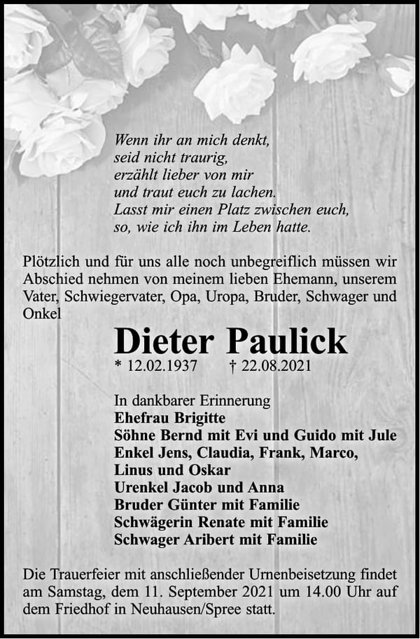 Traueranzeige Dieter Paulick