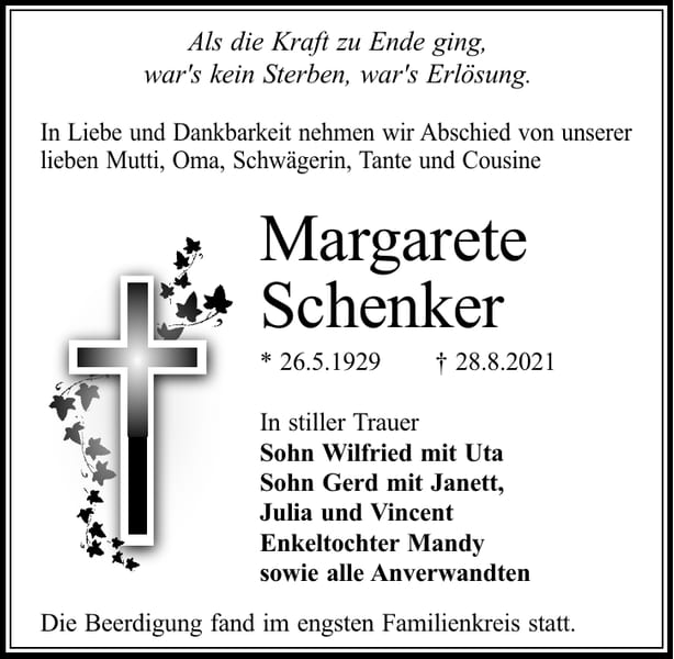Traueranzeige Margarete Schenker