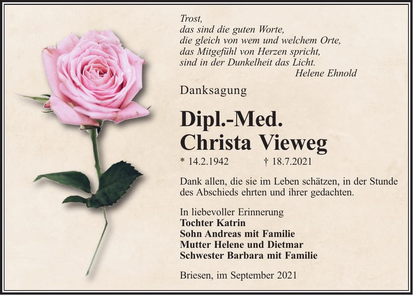 Danksagung Christa Vieweg
