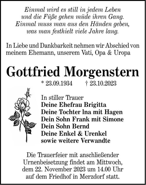 Traueranzeige Gottfried Morgenstern
