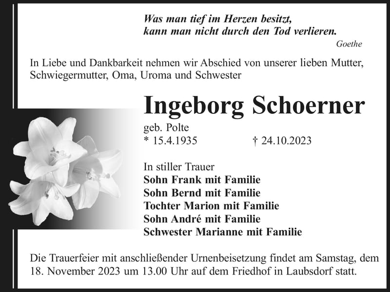 Traueranzeige Ingeborg Schoerner, geb. Polte