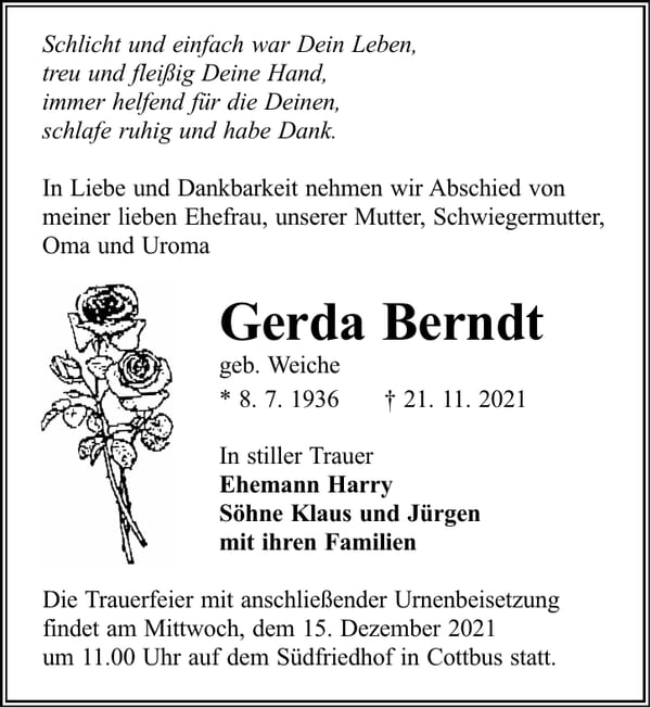 Traueranzeige Gerda Berndt, geb. Weiche