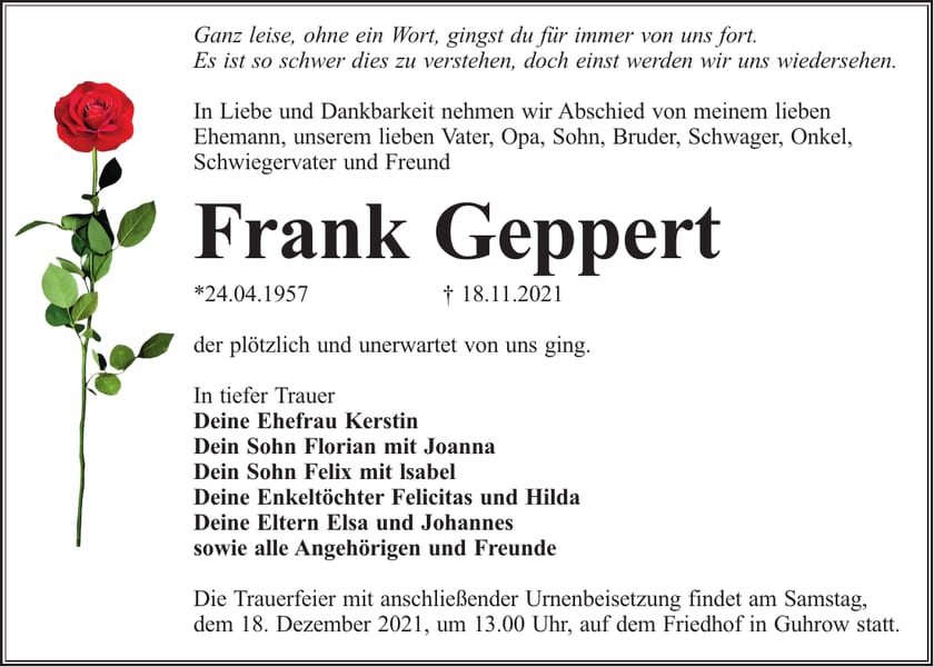 Traueranzeige Frank Geppert