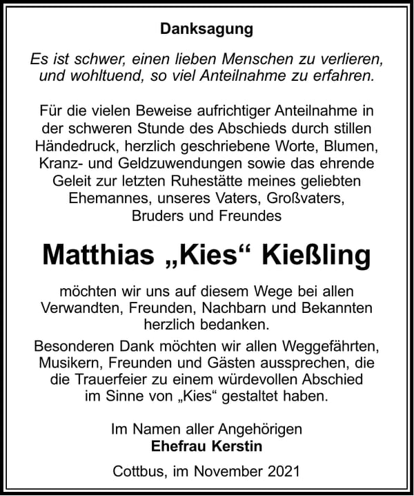 Danksagung Matthias „Kies“ Kießling