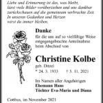 Danksagung Christine Kolbe, geb. Ditzel