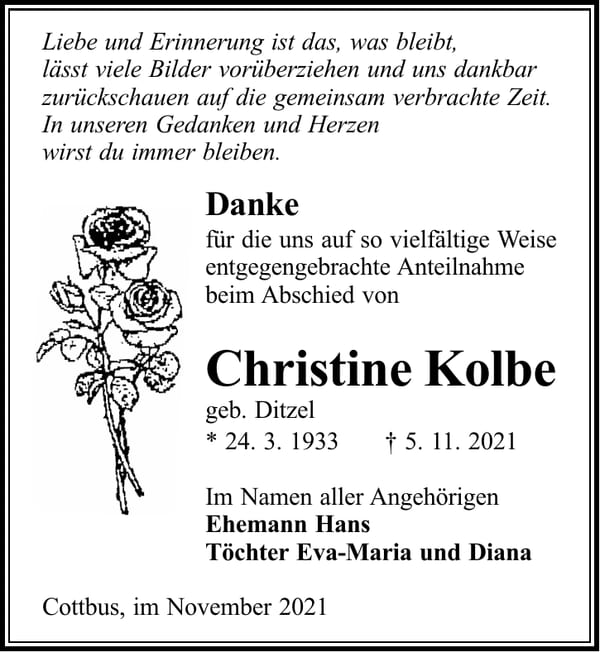 Danksagung Christine Kolbe, geb. Ditzel