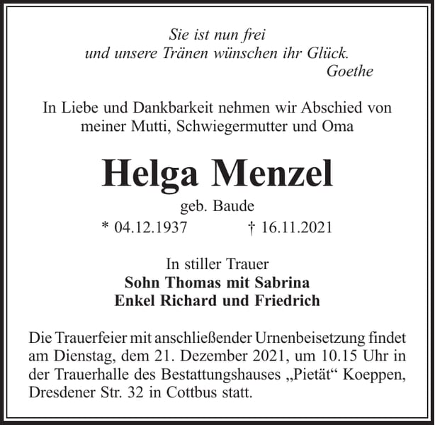 Traueranzeige Helga Menzel, geb. Baude