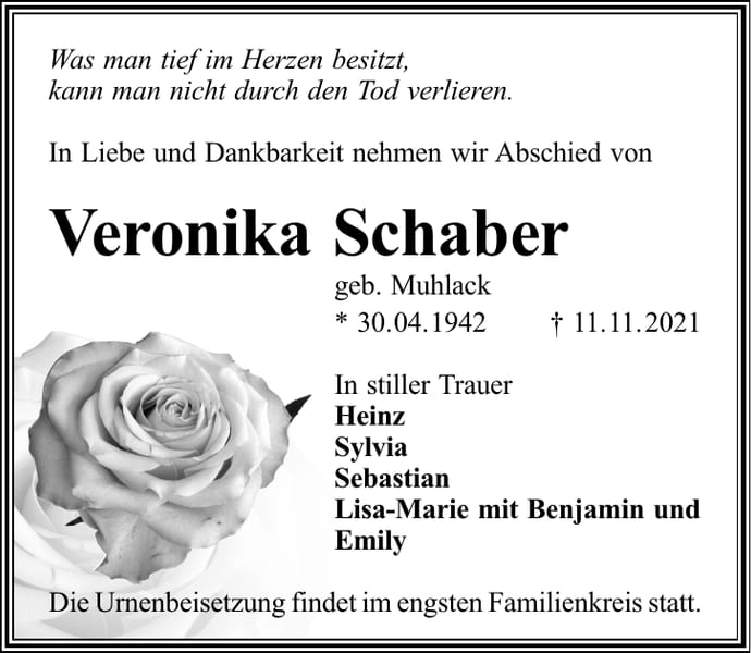 Traueranzeige Veronika Schaber, geb. Muhlack