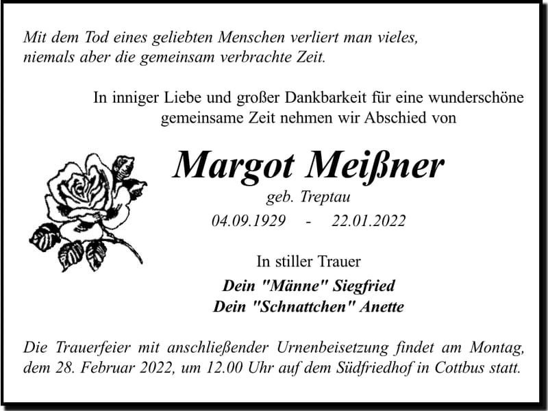 Traueranzeige Margot Meißner, geb. Trepta