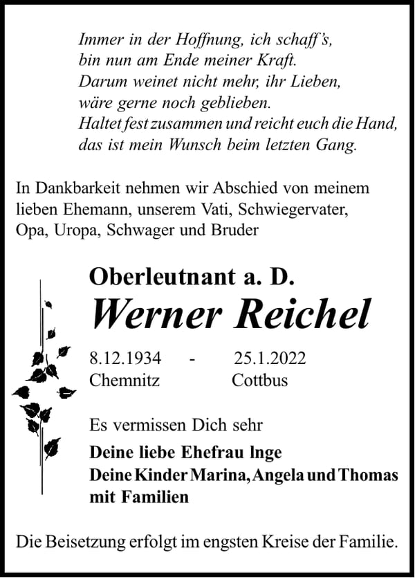Traueranzeige Werner Reichel