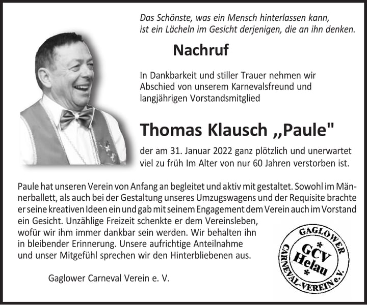 Traueranzeige Thomas „Paule“ Klausch