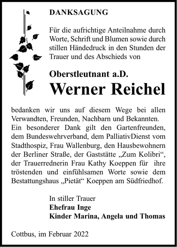 Danksagung Werner Reichel