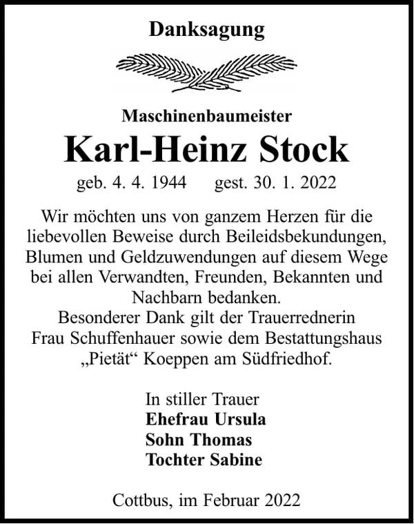 Danksagung Karl-Heinz Stock