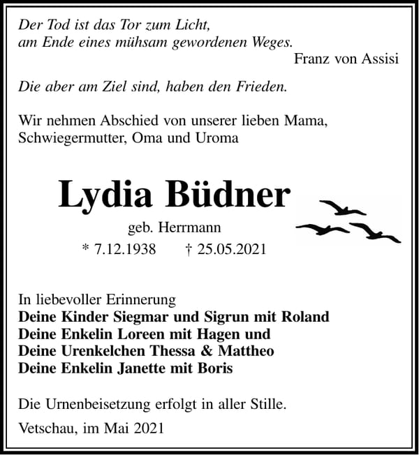 Traueranzeige Lydia Büdner, geb. Herrmann