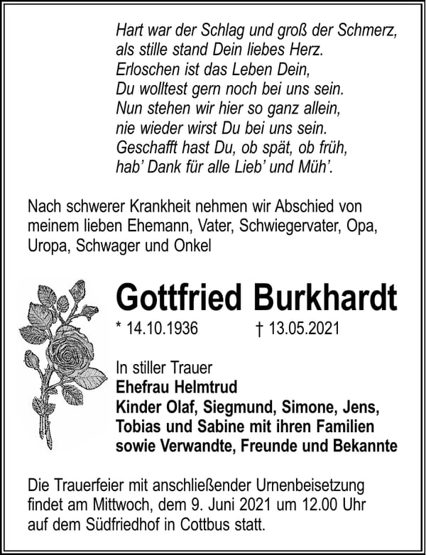 Traueranzeige Gottfried Burkhardt