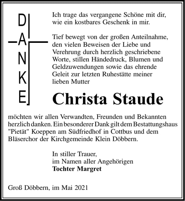 Danksagung Christa Staude