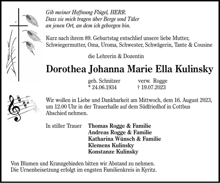 Traueranzeige Dorothea Johanna Marie Ella Kulinsky, geb. Schnitzer