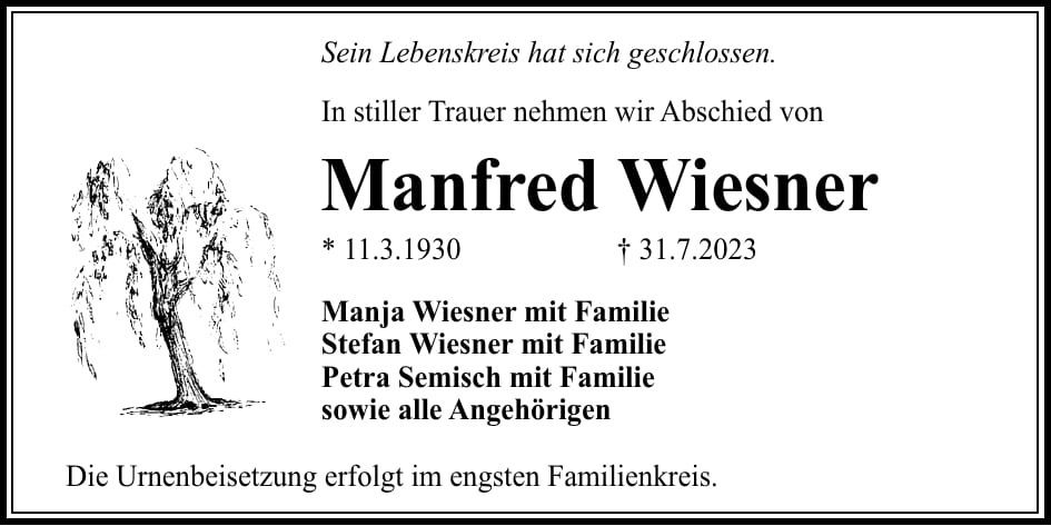 Traueranzeige Manfred Wiesner