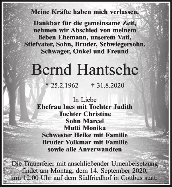 Traueranzeige Bernd Hantsche